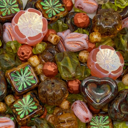 1.4oz (40g) Limited Mix of Czech Glass Beads, Hand Made Set Kit, Green Star Beads Pink Table Cut Hawaii Flower Beads
