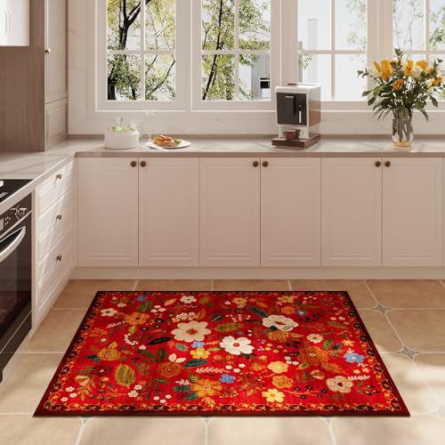 Door Mat Indoor Entrance 2x3 Rug Machine Washable Boho Floral Small Area Rug Non