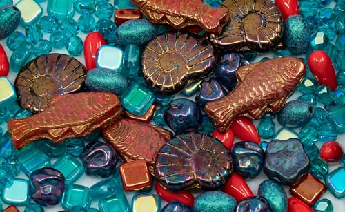 2.1 oz (60 g) Mix of Unique Czech Bohemia Glass Pressed Beads, Matte and Glossy, Hand Made, Coral Red Turquoise New (2.1164 Ounce)