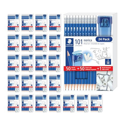 Norica Pencil Set 50 Pencils + 50 Eraser Caps + Sharpener 24 Pack (2424 Count)