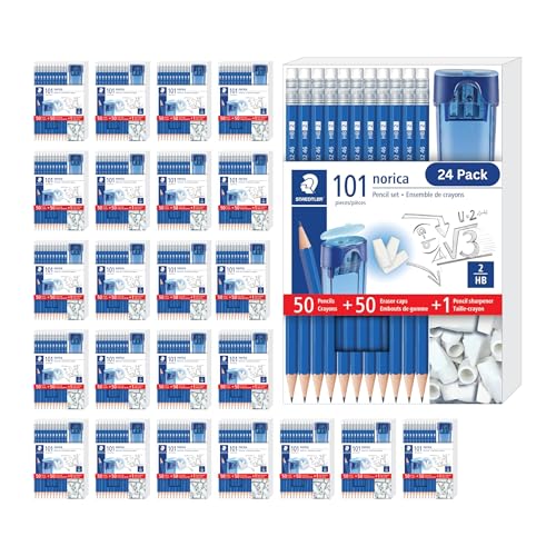 Norica Pencil Set 50 Pencils + 50 Eraser Caps + Sharpener 24 Pack (2424 Count)