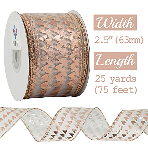 2.5 Inch Rose Gold Heart Wired Ribbon 25 Yards Pink Sheer Ribbons with Hearts Roll Pink Organza Wedding Ribbons Heart Ribbon for Crafts (75 Foot)