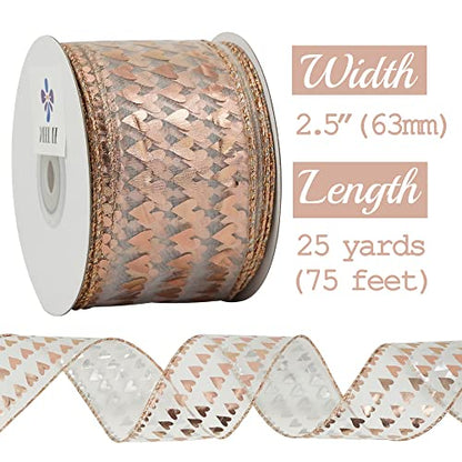 2.5 Inch Rose Gold Heart Wired Ribbon 25 Yards Pink Sheer Ribbons with Hearts Roll Pink Organza Wedding Ribbons Heart Ribbon for Crafts (75 Foot)