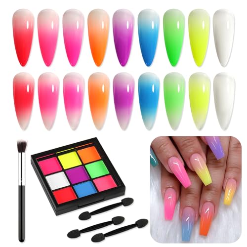 9 Colors Neon Phosphor Nail Pigment Powder Palette for Ombre Nails (2.5 Ounce)