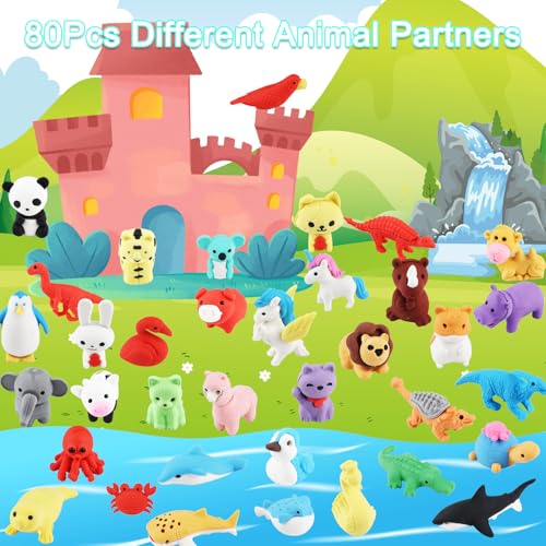 80Pcs Animal Erasers Kids Desk Pets Pencil Erasers 3D Puzzle Eraser Bulk Fun Cute Mini Animal Eraser Toys for Classroom Rewards (80 Count)