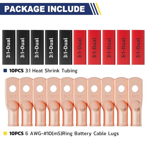 20PCS Battery Cable Lug & Heat Shrink Kit 6 AWG #10 (20 Count)