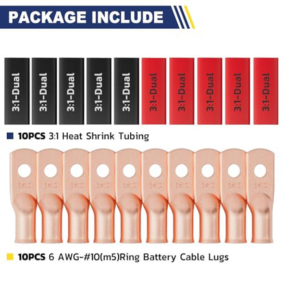 20PCS Battery Cable Lug & Heat Shrink Kit 6 AWG #10 (20 Count)