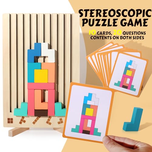 Wooden Russian Blocks Puzzle Brain Teasers Toy Tangram Jigsaw Puzzle Intelligence Colorful 3D STEM Montessori Educational Gift for Boys and Girls (54 Count)