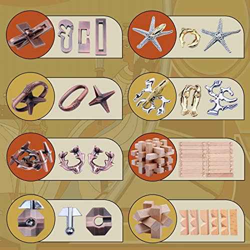 8 Pieces Wooden and Metal Brain Teaser Puzzles Box (8 Count)