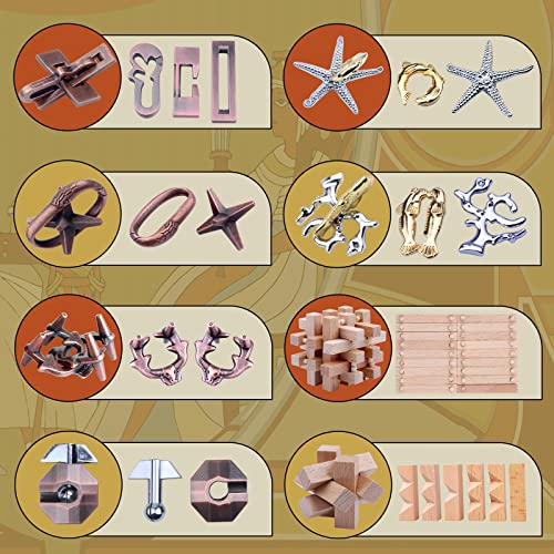 8 Pieces Wooden and Metal Brain Teaser Puzzles Box (8 Count)