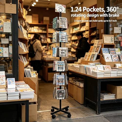Black Greeting Card Display Rack Rotating Flyer Stand 24 Pocket