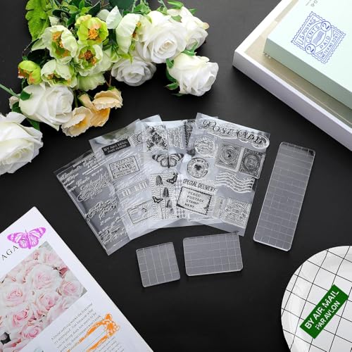7 Pcs Vintage Rubber Clear Stamps Set 4 Sheet Transparent Postage Silicone Stamps 3 Pcs Acrylic Stamp Block Tools with Grid Lines Rubber Craft Supplies for DIY Scrapbooking Journaling