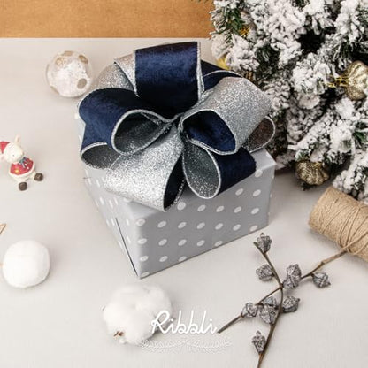 Navy Velvet Wired Ribbon 2.5 Inch Navy Velvet with Silver Glitter Christmas Ribbon for Christmas Tree Decoration Big Bow Gift Wrapping Crafts Wreaths Supplies (30 Foot)