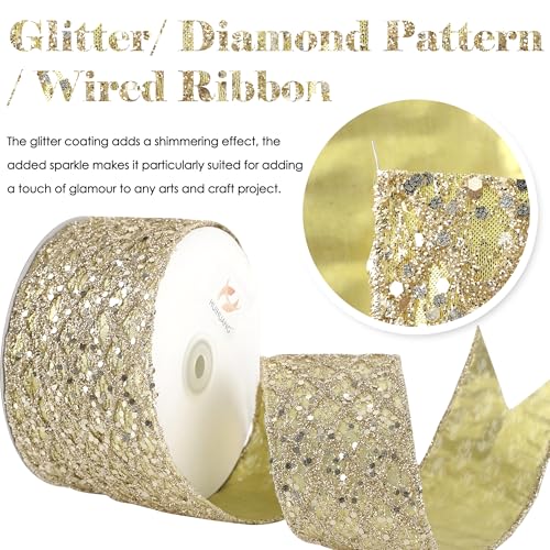 Glitter Champagne Wired Christmas Ribbon 2.5 inch x 10 Yards (30 Foot)