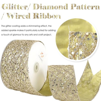 Glitter Champagne Wired Christmas Ribbon 2.5 inch x 10 Yards (30 Foot)