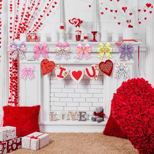 12 Rolls Valentines Day Wired Edge Ribbon for Wreaths 2 Inch x 60 Yards Conversation Heart Candy Color Dots Stripes Print Grosgrain Ribbon for Valentines Day Party Decorative Supplies (12 Count)