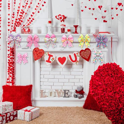 12 Rolls Valentines Day Wired Edge Ribbon for Wreaths 2 Inch x 60 Yards Conversation Heart Candy Color Dots Stripes Print Grosgrain Ribbon for Valentines Day Party Decorative Supplies (12 Count)