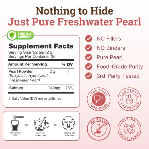 4-in-1 Pearl Powder Organic Quality for Teeth, Eyes, DIY Masks & Drink, 60g (2.12 Ounce)