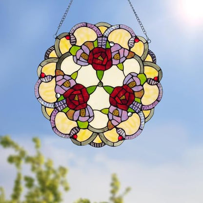 PA0001 Rose Flowers Stained Glass Window Panel W 16" x H 16" Window Suncatcher Tiffany Style Ornament