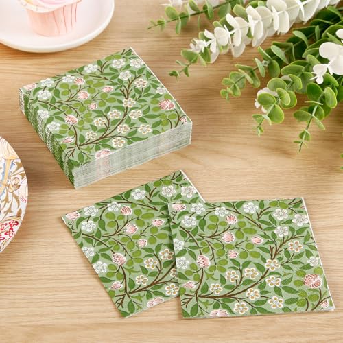 50 Pcs William Morris Cocktail Napkins Vintage Floral Green Paper Napkins Beverage Napkins Disposable Paper Party Napkin Decoration 5 "X 5" (50 Count)