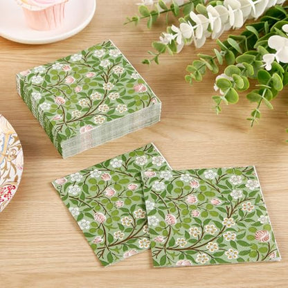 50 Pcs William Morris Cocktail Napkins Vintage Floral Green Paper Napkins Beverage Napkins Disposable Paper Party Napkin Decoration 5 "X 5" (50 Count)