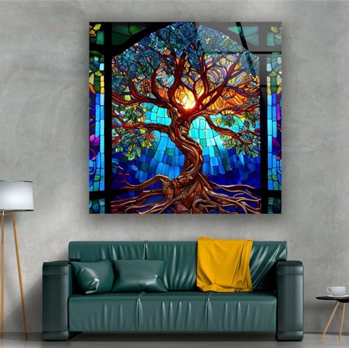30Wx24H'' Stained Blue Life of Tree Glass Wall ArtTempered Glass Printing Wall Decor Large Wall Art Wall Hangings