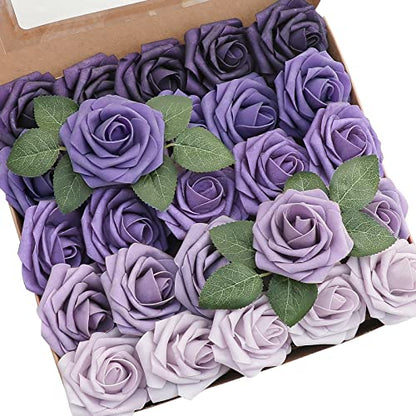 Artificial Flowers 25pcs Real Looking Lavender Purple Ombre Colors Foam Fake Roses with Stems for DIY Wedding Bouquets Bridal Shower Floral Centerpieces Party Tables Home Decorations (25 Count)