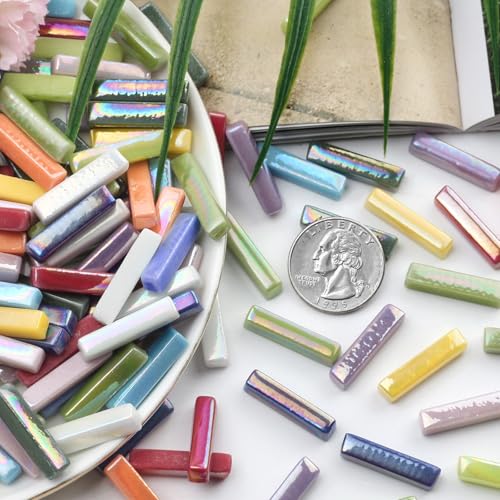 200g Assorted Iridescent Strips Glass Mosaic Tiles for Crafts (7.05 Ounce)
