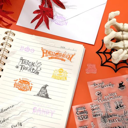 4 Sheets Halloween Clear Stamps Greeting Words Pumpkin Bat Silicone Transparent Stamps Happy Halloween Stamp Cards for DIY Crafts Card Making Scrapbooking Embossing Album Decor (4 Count)