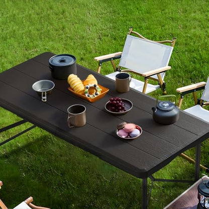 4Ft Folding Table Portable for Indoor Outdoor Wood Grain Black