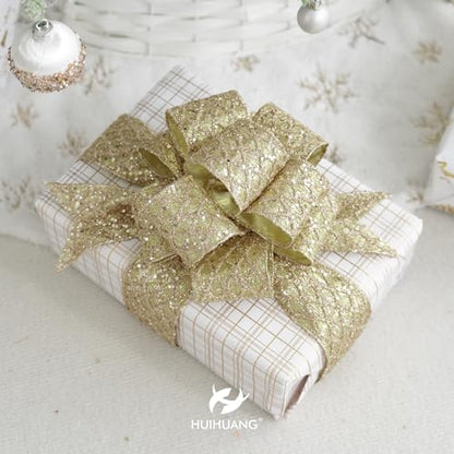 Glitter Champagne Gold Wired Christmas Ribbon 4 inch x 10 Yards (30 Foot)