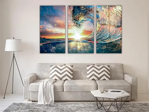 Shining Sun and Waves Printed Tempered Glass Wall Art Painting for Living Room