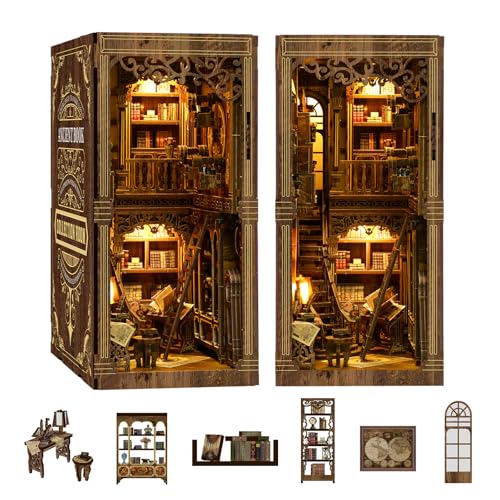 Book Nook Kit for Adult Miniature Model Build Dollhouse Kit 3D Wooden Puzzle with Sensor Led Light for Bookshelf Bookend Decor Adults Teen Craft