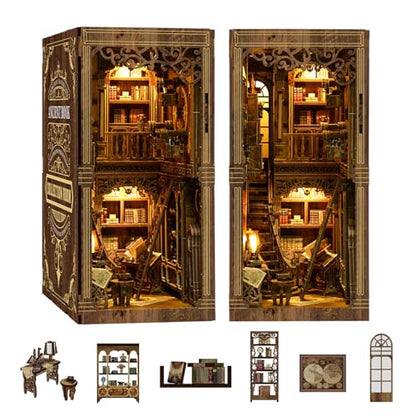 Book Nook Kit for Adult Miniature Model Build Dollhouse Kit 3D Wooden Puzzle with Sensor Led Light for Bookshelf Bookend Decor Adults Teen Craft
