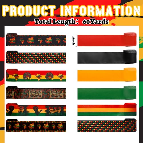 12 Rolls Black History Month Ribbons 2 Inch x 60 Yards Wired Edge Fabric Ribbons Craft Black History Month Themed Pattern Wrapping Crafts for DIY Gift Hair Bows Sewing Wreath 12 Styles (12 Count)