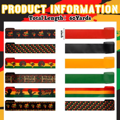 12 Rolls Black History Month Ribbons 2 Inch x 60 Yards Wired Edge Fabric Ribbons Craft Black History Month Themed Pattern Wrapping Crafts for DIY Gift Hair Bows Sewing Wreath 12 Styles (12 Count)