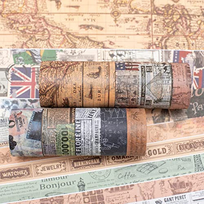 Vintage Washi Tape Set 10 Rolls Wide Decorative Antique Map Stamp Newspaper Masking Tapes for Arts