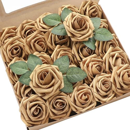 Artificial Flowers 25pcs Real Looking Antique Gold Foam Fake Roses with Stems for DIY Wedding Bouquets Bridal Shower Centerpieces Floral Arrangements Party Tables Home Decorations (25 Count)