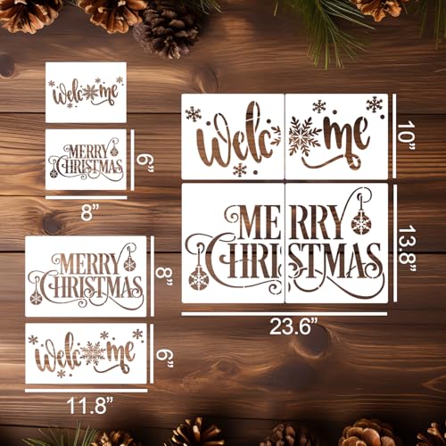 Christmas Stencils for Crafts Reusable Merry Christmas Stencil Xmas Holiday Stencils for Painting on Wood Doormats Fabrics (8 Count)
