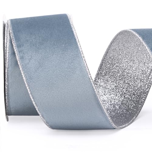 Dusty Blue Velvet Wired Ribbon 2.5 Inch Dusty Blue Velvet with Silver Glitter Christmas Ribbon for Christmas Tree Decoration Big Bow Gift Wrapping Crafts Wreaths Supplies (30 Foot)