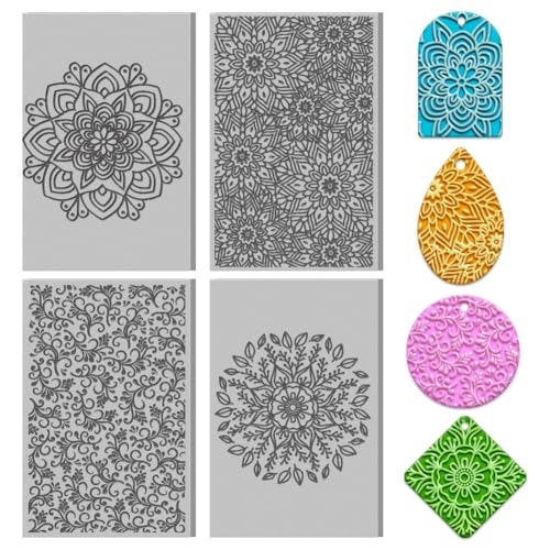 4PCS Polymer Clay Texture Sheets Set for Using with Clay Cutters Boho Clay Mat Effect as Texture Roller DIY Craft Tools Earing Jewelry Making (4 Count)