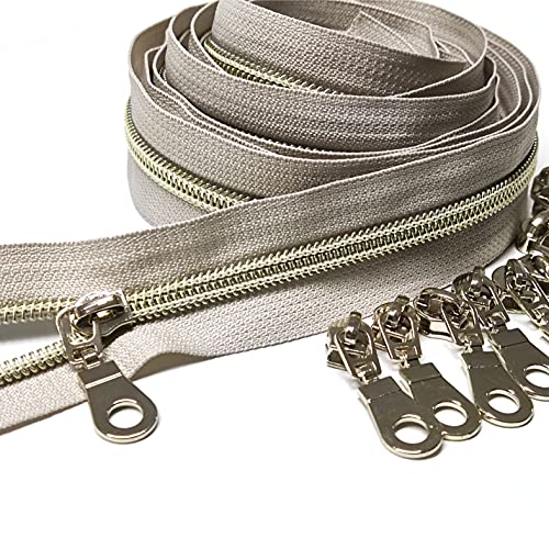 5 Light Gold Teeth Metallic Nylon Coil Zippers by The Yard Bulk 10 Yards Beige Tape with 25pcs Gold Sliders for DIY Sewing Tailor Craft Bag