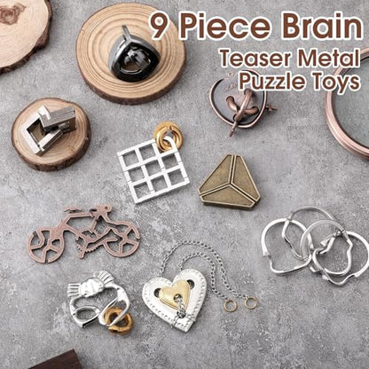 9 Pcs Metal Brain Teasers 3D Steel Puzzle Set (9 Count)