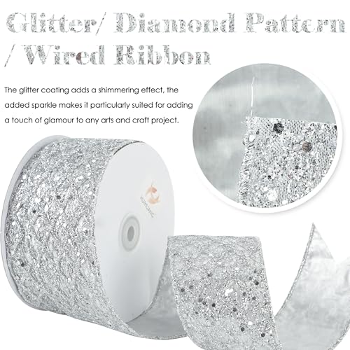 Silver Glitter Wired Christmas Tree Ribbon 2.5 inch x 10 Yards (30 Foot)