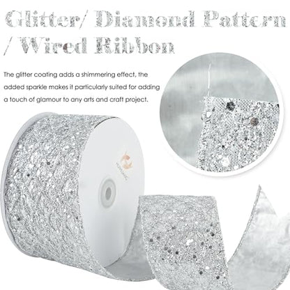 Silver Glitter Wired Christmas Tree Ribbon 2.5 inch x 10 Yards (30 Foot)
