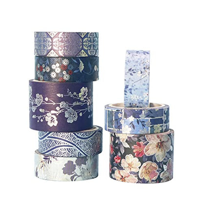 Elegance Blue Washi Tape Set 8 Rolls Wide Silver Embellishment Decorative Masking Tapes for Arts (8 Count)
