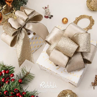 Light Champagne Velvet Wired Ribbon 2.5 Inch Ivory Velvet with Champagne Glitter Christmas Ribbon for Christmas Tree Decoration Big Bow Gift Wrapping Crafts Wreaths Supplies (30 Foot)
