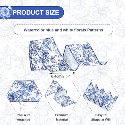 Blue White Floral Wired Edge Ribbon Roll Vintage Watercolor Flower Craft Ribbon Chinoiserie Fabric Ribbons for Wreath Bow Making DIY Craft Wrapping Party Supplies