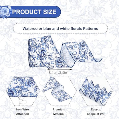 Blue White Floral Wired Edge Ribbon Roll Vintage Watercolor Flower Craft Ribbon Chinoiserie Fabric Ribbons for Wreath Bow Making DIY Craft Wrapping Party Supplies