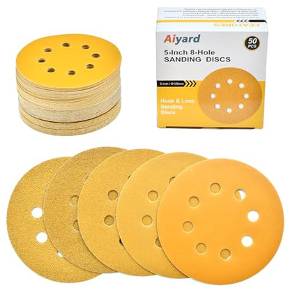 5-Inch 8-Hole Hook and Loop Sanding Discs 60-400 Mixed Grit, 50-Pack (50 Count)